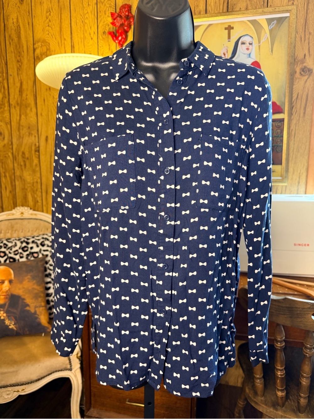 H&M Navy Blue Button-Down Shirt with White Bow Print